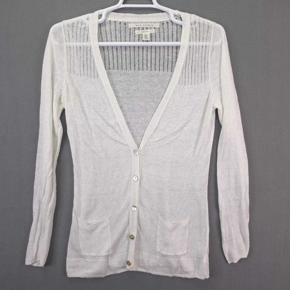 Max Studio Cardigan Sweater Linen Pointelle White Large Lightweight V-Neck